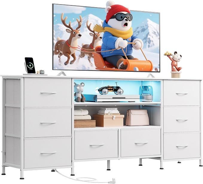 WLIVE TV Stand Dresser for 65,70 inch TV, Entertainment Center with LED Lights & 8 Long Fabric Drawers, Dresser TV Stand for Bedroom and Living Room, White