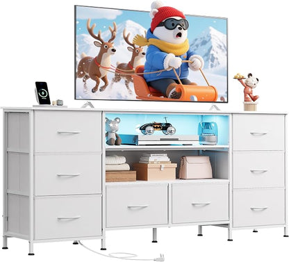 WLIVE TV Stand Dresser for 65,70 inch TV, Entertainment Center with LED Lights & 8 Long Fabric Drawers, Dresser TV Stand for Bedroom and Living Room, White
