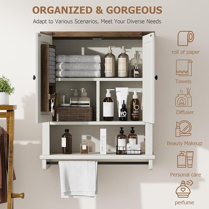 QUW Farmhouse Bathroom Wall Cabinet, Modern Medicine Cabinets with Towel Bar & Jewelry Holder, Over The Toilet Storage Cabinet with Barn Door for Laundry, Living Room, Hallway, Antique White