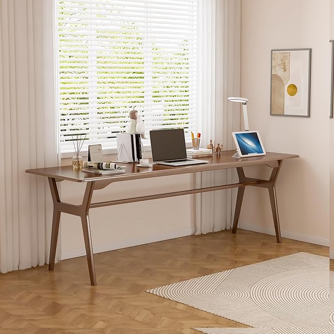 Solid Wood Study Desk - 78.8" Double Long Computer Table for Home Office, 2-Person PC Workstation, Walnut