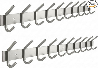 Coat Rack Wall Mount – Brushed Nickel 30 Inch Stainless Steel Hook Rail with 10 Heavy Duty Double Coat Hooks – Wall Mounted Coat Hanger for Entryway, Bathroom, Bedroom, Towel, Hat Organizer - 2 Pack