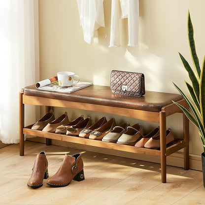 Shoe Rack Bench Entryway Bamboo Shoe Storage Bench with Leather Cushion 2 Tiers Shoe Rack Entryway Bench for Hallway, Living Room,Bedroom(Walnut Bench top+Brown Frame)