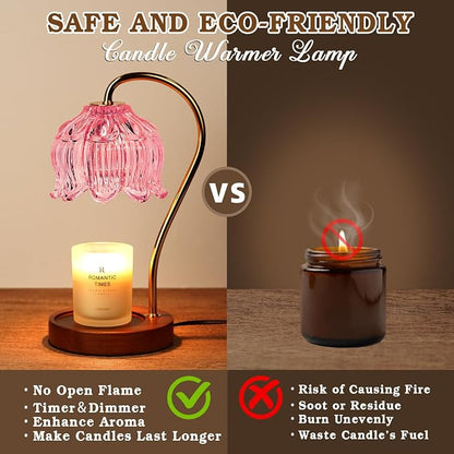 Funistree Flower Candle Warmer Lamp with Timer, Dimmable Candle Lamp Warmer, Christmas Birthday Gifts for Women Mom Her, Housewarming Home Decor, Lotus Wax Warmer for Yankee Candles - Pink Lily