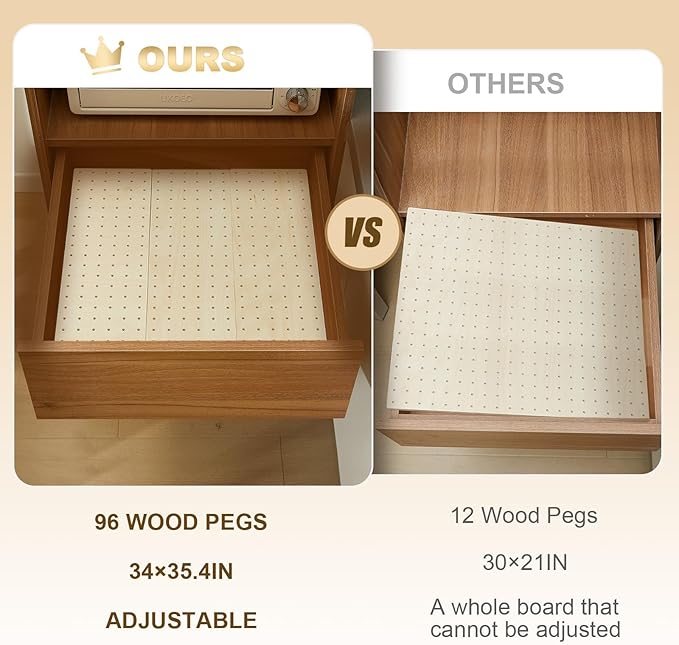Kigley 12 Pcs Pegboard Drawer Organizer with 96 Drawer Peg Wood Peg Board Wooden Kitchen Plate Organizer for Dishes Food Containers Cookware Utensils(17 Inch,Wood Color)