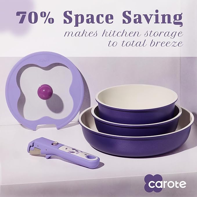 CAROTE 11pcs Ceramic Cookware Set, Pots and Pans Set Non stick, Induction Kitchen Cookware with Removable Handle, RV Dishwasher ＆ Oven Safe, RV/Camping Cookware, PFOA Free, Purple