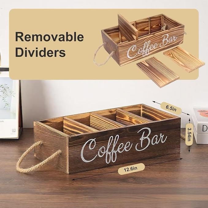 Wooden Coffee Bar Accessory Organizer, Coffee Corner Storage Rack With Removable Shelves, Farmhouse-Style K-Cup Capsule Storage Basket With Handles-Designed Specifically For Coffee Lovers