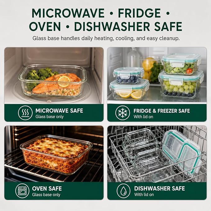 Peaktet 8 Pack Glass Food Storage Containers with Lids, Airtight Meal Prep Containers Set, Leakproof Glass Lunch Containers, BPA-Free Locking Lids, Oven Microwave Freezer Dishwasher Safe