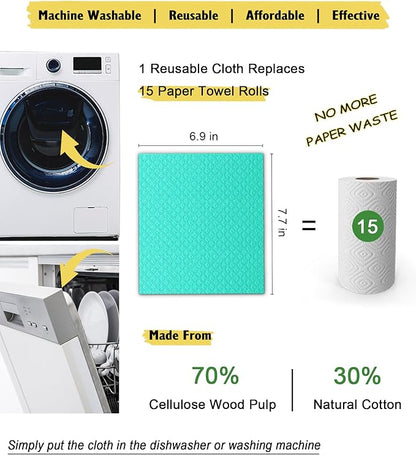 MoLKENE Swedish Dishcloths for Kitchen | 6 Pack Absorbent Cellulose Sponge Cloths Washable | Non-Scratch Reusable Paper Towels Quick Drying Cleaning Cloths - Green