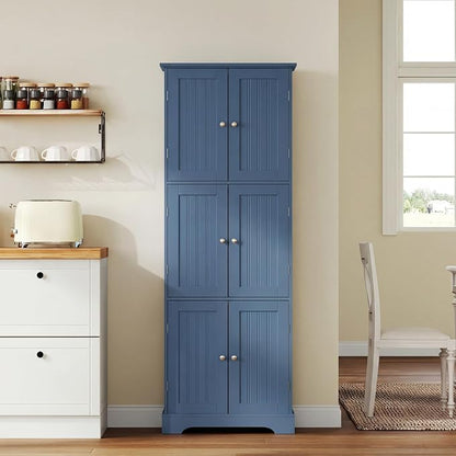 ChooChoo Tall Bathroom Storage Cabinet with 6 Doors, Freestanding Floor Cabinet with Adjustable Shelves, Blue Pantry Cabinet for Bathroom, Kitchen, Laundry Room