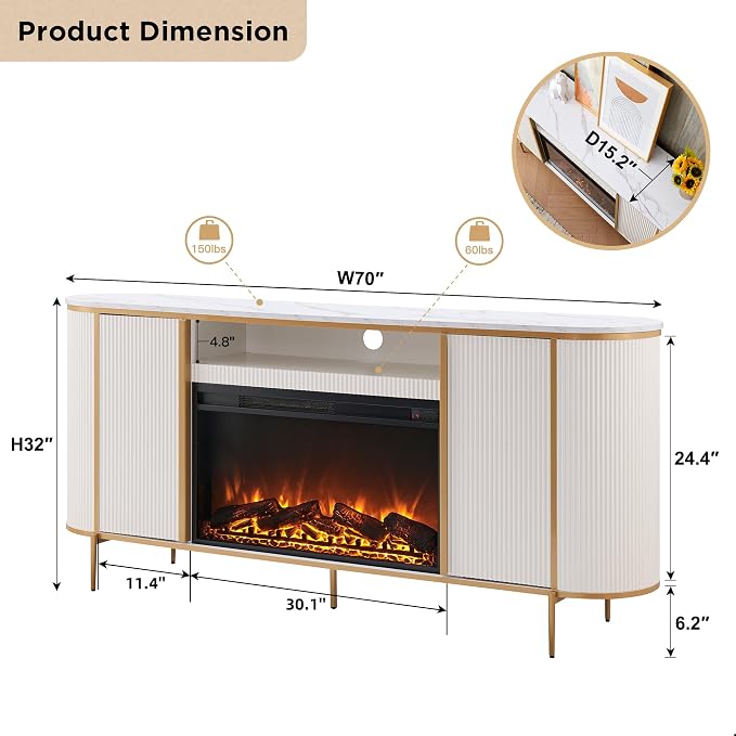 OKD Luxury 70" Fluted Fireplace TV Stand, Modern Chic Entertainment Center for TVs Up to 80 inches, TV Console with Faux Marble Top, Curved Profile Design, Media Console for Living Room, Off White
