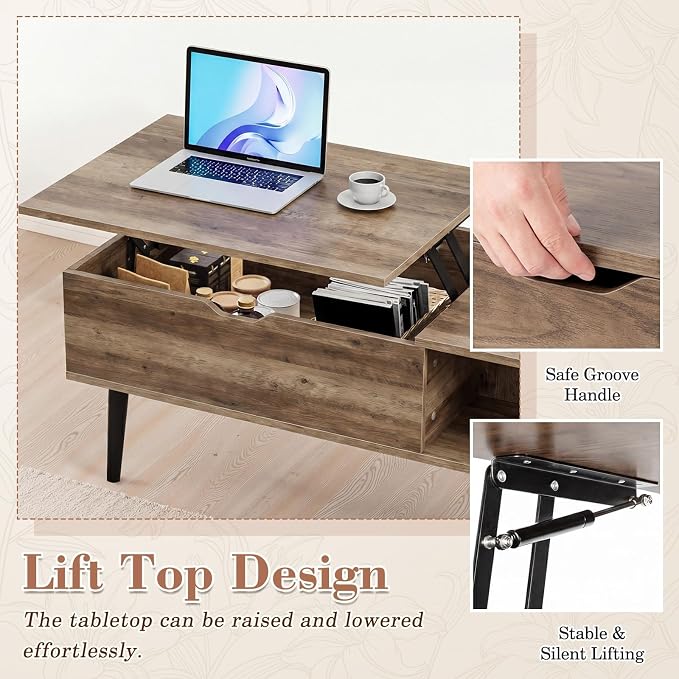 Sweetcrispy Coffee Table Lift Top Coffee Tables for Living Room,Small Rising Wooden Center Tables with Storage Shelf and Hidden Compartment, Grey