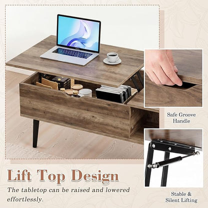 Sweetcrispy Coffee Table Lift Top Coffee Tables for Living Room,Small Rising Wooden Center Tables with Storage Shelf and Hidden Compartment, Grey