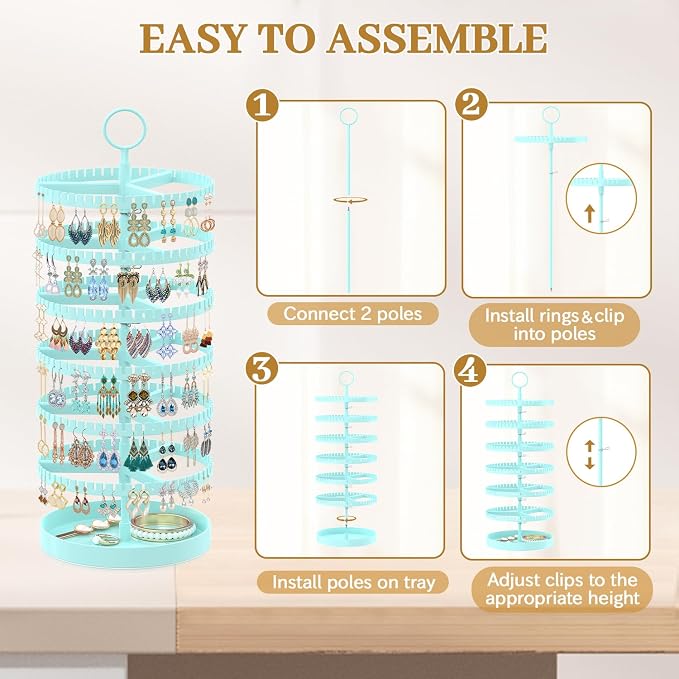 MODOWEY 6 Tier Rotating Earring Holder Organizer Display Tree with Metal Tray, Adjustable Plastic Stand with 342 Slots for Stud Hoop Hanger, Large Capacity Storage Rack for Women Space-Saving, Blue