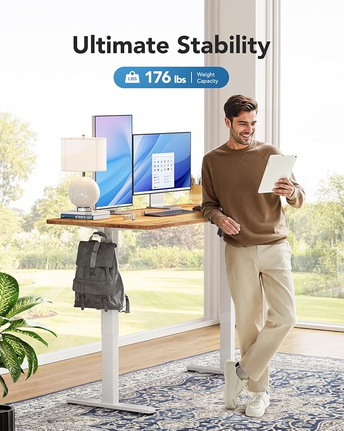 HUANUO Electric Standing Desk, Whole Piece Desktop, Adjustable Height Computer Desk, 4 Height Memory Settings, Sit Stand Up Desk for Home Office, 48" x 24", Light Vintage
