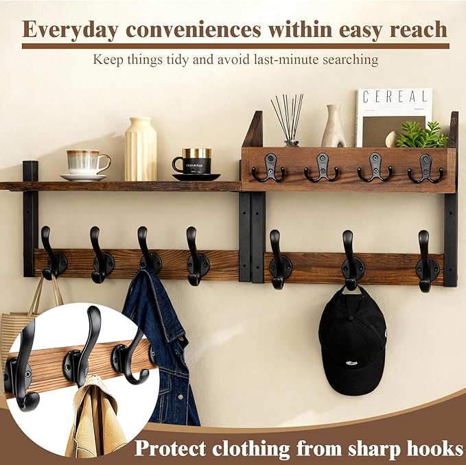ZOCONE 29" Wood Coat Rack Wall Mount with Shelf, Separable Coat and Key Holder Wall Mount, Entryway Coat Rack with Carbon Steel Fixing Rod for Greater Load-Bearing and Stability, Living Room,Bedroom