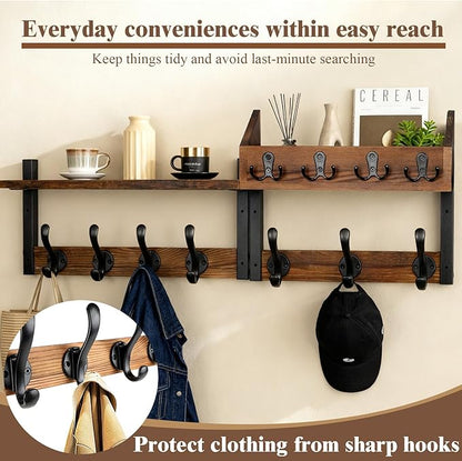ZOCONE 29" Wood Coat Rack Wall Mount with Shelf, Separable Coat and Key Holder Wall Mount, Entryway Coat Rack with Carbon Steel Fixing Rod for Greater Load-Bearing and Stability, Living Room,Bedroom