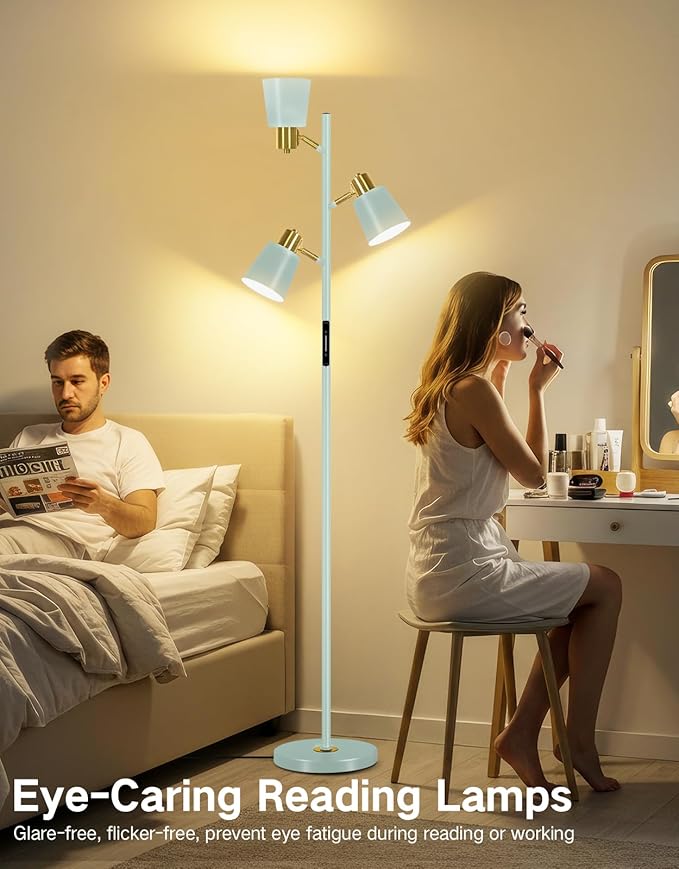 OUTON LED Tree Floor Lamp, Modern Dimmable Standing Lamp with Remote & Touch Control, 4 Color Temperatures, 3 Rotatable Lights Floor Lamps for Living Room, Bedroom, Office, Teal & Gold