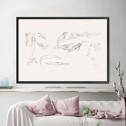 SENLYCH Canvas Painting Wall Mural Print Vintage Swimmer Art Sketch Beachy Wall Art Summer Home Decor Swimmer Neutral Art Print Living Room and Bedroom Decoration 12x18inch Metal Frame