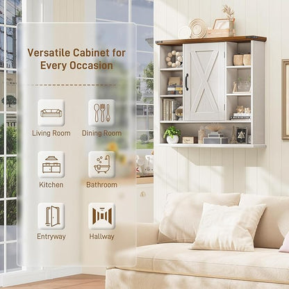 Bathroom Wall Cabinet, Farmhouse Medicine Cabinet with Adjustable Shelves and Barn Doors, Large Wall Mounted Over the Toilet Storage Cabinet for Bathroom, Laundry Room, Kitchen, Rustic White and Brown