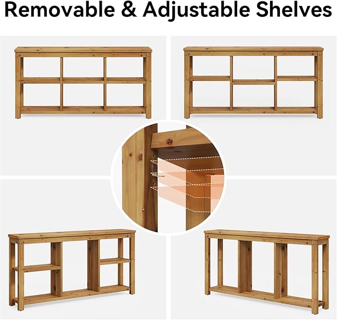 63-Inch Solid Wood Console Sofa Table, 3-Tier Narrow Farmhouse Entryway Table with 6 Storage Cubes for Living Room, Hallway, Brown