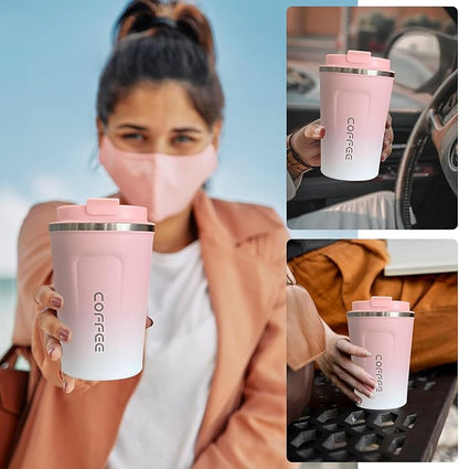 YINBAOGE Insulated Travel Coffee Mug, Spill & Leak Proof, Portable To Go Camping Stainless Steel Coffee Tumbler, Reusable Thermal Coffee Cup with Lid for Hot & Cold Drinks (2nd-Pink White, 17 OZ)