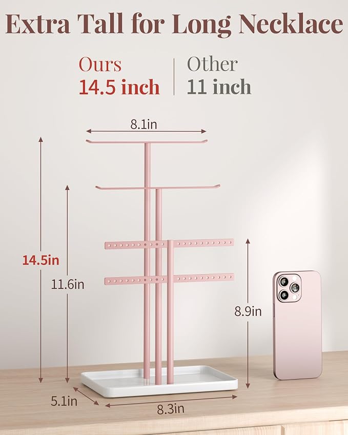 pickpiff Pink Jewelry Stand Holder Organizer: 14.5" Sturdy Hanger for 80 Pcs Jewelry, Jewlery Tower for Display Necklace, Earring, Bracelet, Watch