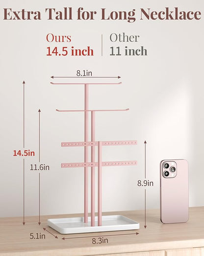 pickpiff Pink Jewelry Stand Holder Organizer: 14.5" Sturdy Hanger for 80 Pcs Jewelry, Jewlery Tower for Display Necklace, Earring, Bracelet, Watch