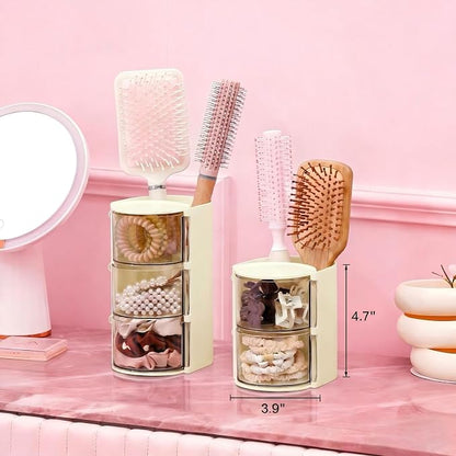 Hair Accessories Organizer with Hair Brush Holder, Rotatable Makeup Brush and Jewelry Storage Box for Hair Clips, Earrings, Necklaces, Bracelets, Rings, and Daily Accessories (Off White,2-Layer)