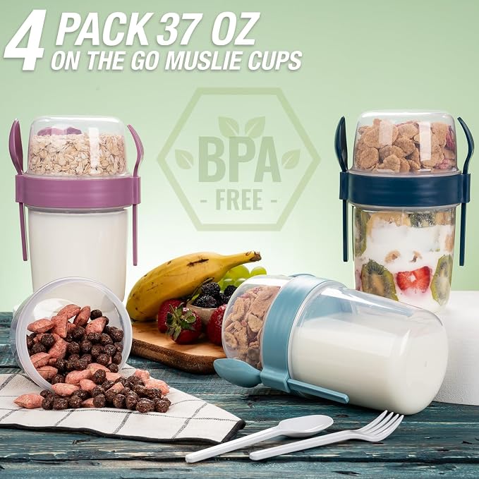 4 Pack On The Go 37 oz Breakfast Cups with Lids and Spoon, Reusable Cereal Yogurt Cup with Topping Plastic Overnight Oats Container for Granola Oatmeal (37 oz- 4 Pack)