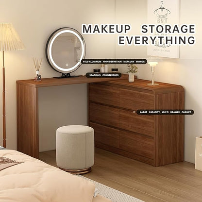 Makeup Vanity Desk with Mirror and Lights, 50-90inch Extendable Mid Century Walnut Makeup Dresser Combo with 47 Inch 6 Drawer Dresser, L Shaped Vanity Desk and Stool, Brown