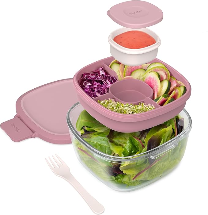 Bentgo Glass Salad Container - 7.6-Cup Salad Bowl with Airtight Lid, Leak-Proof Sauce Container, 4-Compartment Bento Tray & Reusable Fork - BPA-Free for Meal Prep, Office & More (Rose)