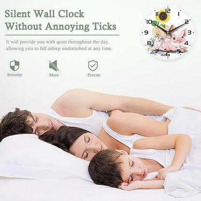 Wall Clock for Bathroom,Pink Pig Wall Clocks Silent Non-Ticking Battery Operated Clock 10 Inch,Sunflower Wall Clocks Decorative for Living Room,Kitchen,Office