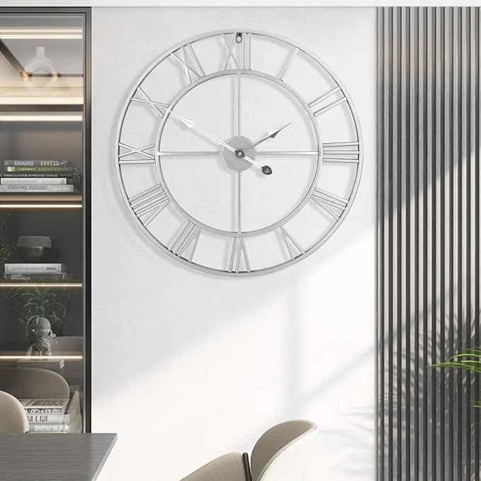 Wall Clock For Living Room Decor - 24 Inch Silent Non-Ticking Decorative Large Wall Clock, Battery Operated Vintage Retro Roman Numerals Metal Silver Wall Clock for Farmhouse, Kitchen, Bedroom Office