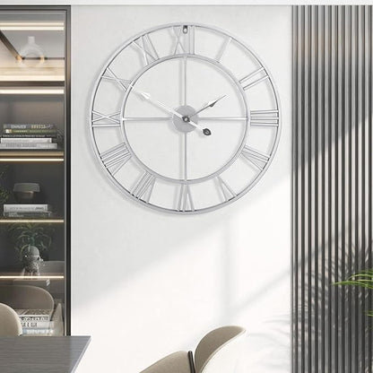 Wall Clock For Living Room Decor - 24 Inch Silent Non-Ticking Decorative Large Wall Clock, Battery Operated Vintage Retro Roman Numerals Metal Silver Wall Clock for Farmhouse, Kitchen, Bedroom Office