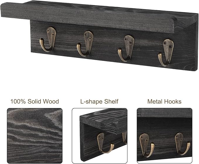 Rustic Key Holder for Wall, Farmhouse Wall Shelf with 4 Hooks, Wall Mounted Key Racks, Wooden Mail Organizer with Hooks for Entryway (Black - Pine)