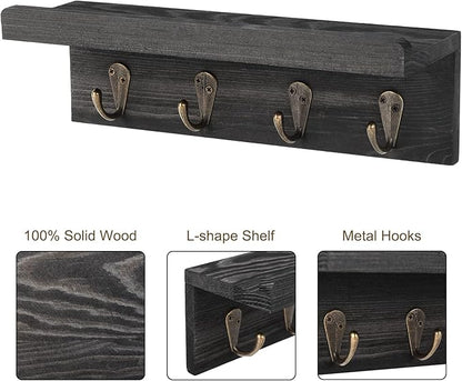 Rustic Key Holder for Wall, Farmhouse Wall Shelf with 4 Hooks, Wall Mounted Key Racks, Wooden Mail Organizer with Hooks for Entryway (Black - Pine)