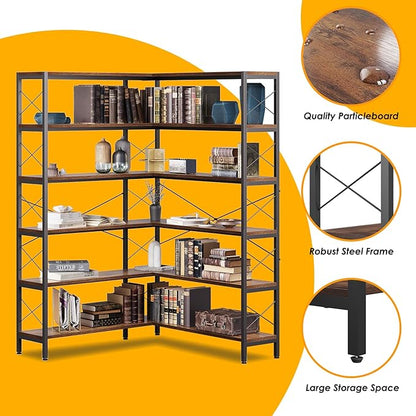 Wildhome 6-Shelf Corner Bookshelf, Vintage Industrial L Shaped Bookshelf Etagere Bookcase, Corner Shelf with Metal Frame Open Storage Rack Corner Book Shelf for Home Office Living Room (Retro Brown)