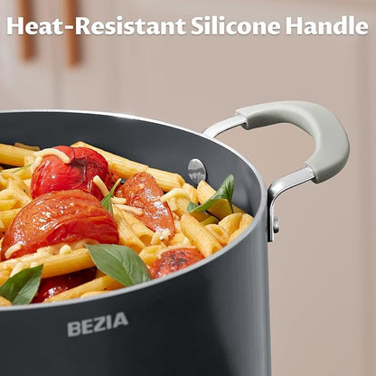 6 Quart Nonstick Stock Pot with Lid - BEZIA Ceramic Soup Pot for Small Families, Induction Cooking Pot with Stay-Cool Silicone Handles, Easy Cleanup, Perfect for Side Dishes, Daily Meals & Camping