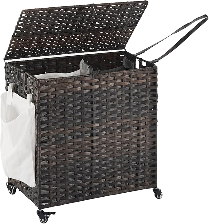 Laundry Hamper with Wheels, 39.6 Gallon(150L) Rolling Laundry Basket with Lid, Removable Large 2 Color Liners & 3 Mesh Laundry Bags, Clothes Hamper with Side Pocket, Brown