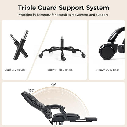 Office Chair with Footrest, Executive Breathable Leather Office Desk Chair with Lumbar Support - Ergonomic Comfy Wide Reclining Swivel Rolling Gaming Computer Chair with Adjustable 90-135° High Back