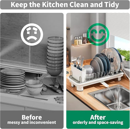SanDream Small Dish Drying Rack with Removable Utensil Holder & Anti-Scratch Base - Stainless Steel Dish Rack, Dish Drying Rack with Drainage & Space Saving Design for Kitchen Counter, White