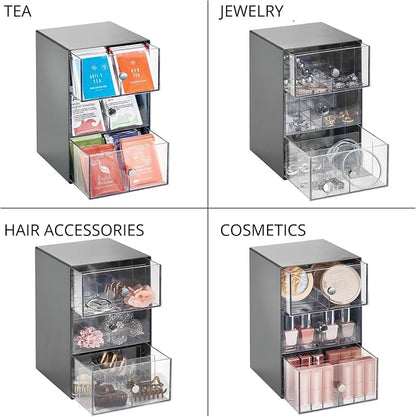 mDesign Plastic Wide Kitchen Pantry, Cabinet, Countertop Organizer Storage Station, 3 Drawers for Coffee, Tea, Sugar Packets, Sweeteners, Creamers, Drink Pods, Packets; 18 Sections, Dark Gray/Clear