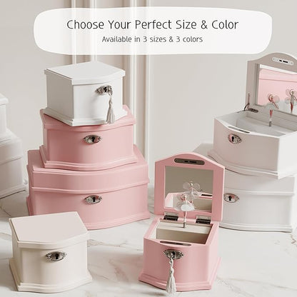 Wooden Musical Jewelry Box for girls with Mirror and Key Lock, Gift for Kids on Birthdays and Holidays (Pink, Small) (White, Medium)