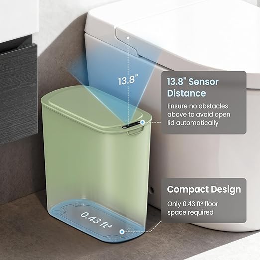 Cesun Automatic Motion Sensor Bathroom Trash Can with Lid, 2.6 Gallon Touchless Trash Bin, Smart Plastic Slim Garbage Can Small Green Wastebasket for Toilet, Office, rv, Bedroom, Living Room