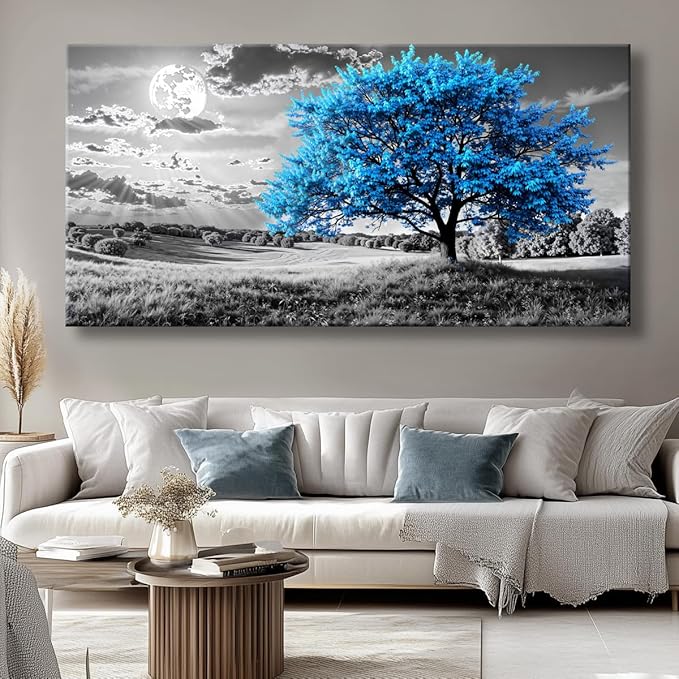 Blue Tree Canvas Wall Art - Modern landscape Paintings for Living Room, Bedroom Wall Decor, Framed Wall Art for Home or Office Decoration, Large Wall Art 20"x40"(50CMx100CM)