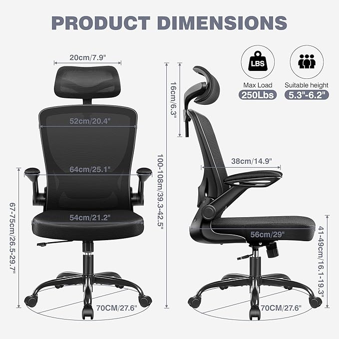 Ergonomic Office Desk Chair Comfy, High Back Mesh Office Desk Chairs with Adjustable Lumbar Support, Headrest, Flip-up Armrests, Home Computer Chair for Gaming, Work, 2 Pack