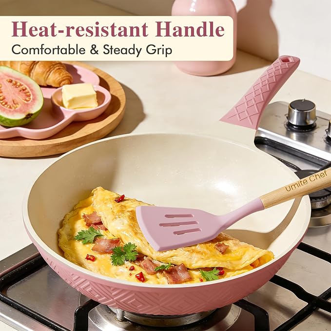Pots and Pans Set Non Stick, 26PCS Nonstick Cookware Set, Induction Cook Ware, Includes Steamer & Silicone Utensils, Housewarming Gift, Pink Kitchen Cooking Sets w/Frying pan (PFOS, PFOA Free)