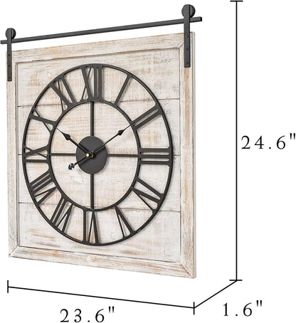 Vintage Barn Door Wall Clock - Distressed White Wash Finish, Large Rustic Farmhouse Wood Clock for Home, Wall and Farmhouse Décor, 24x23.6 Inches