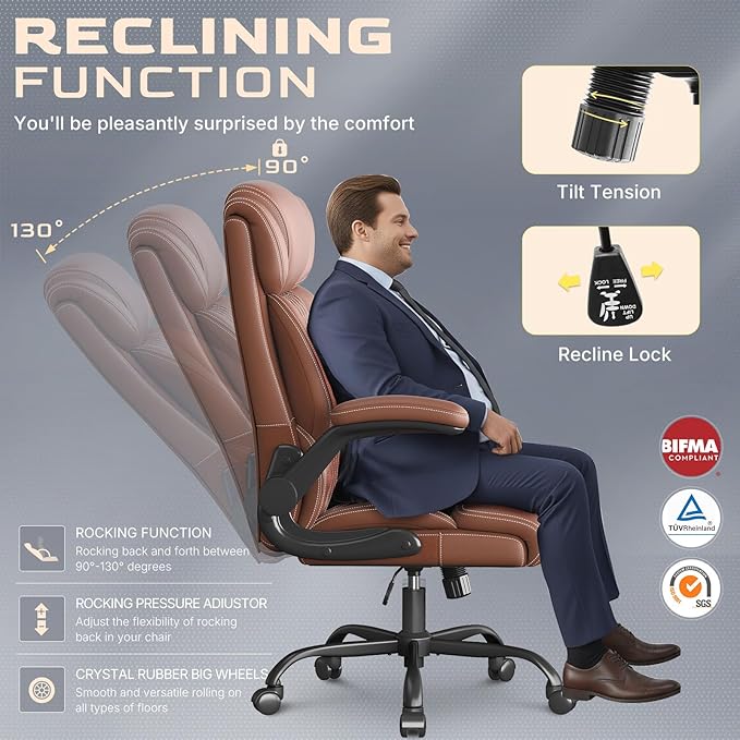Office Chair-Executive High Back Breathable Comfy Desk Chair with Flip-up Armrests Lumbar Support-Ergonomic Leather Rolling Swivel Chair with Rock Function for Working Studying Gaming