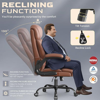 Office Chair-Executive High Back Breathable Comfy Desk Chair with Flip-up Armrests Lumbar Support-Ergonomic Leather Rolling Swivel Chair with Rock Function for Working Studying Gaming